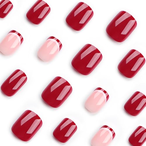 French Tip Press on Nails Christmas Fake Nails Short Square Glue on Nails Red False Nail Tips Full Cover Red Stick on Nails Glossy Xmas Acrylic Nails for Women Girls Christmas Nail Art Decoration - Image 5