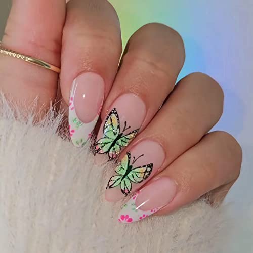 French Tip Press on Nails Medium Almond Fake Nails Full Cover Acrylic Nails with Floral Butterfly Designs False Nails Medium Acrylic Nails Glossy Artificial Nails for Women DIY Manicure 24Pcs