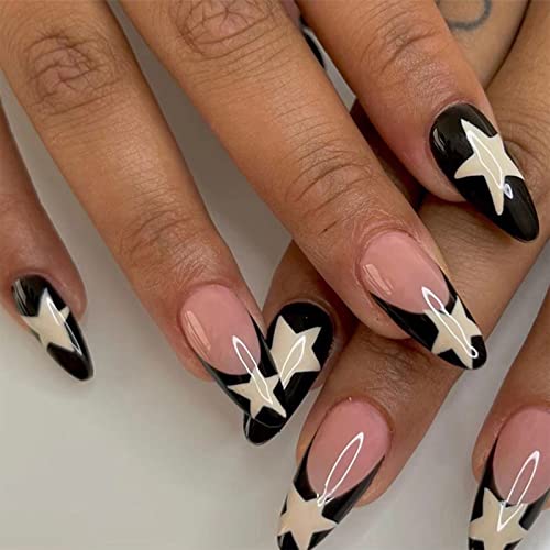 French Tip Press on Nails Medium Oval Fake Nails with Star Y2K Retro Designs, Almond Full Cover Acrylic Nails Long Black White Glue on Nails for Women Girls uñas postizas 24PCS