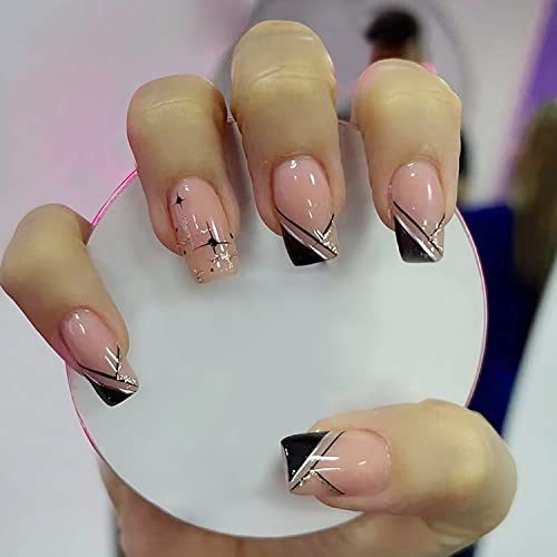 French Tip Press on Nails Square Medium Length False Nails Pink Full Cover Fake Nails with Black Tip Glitter Designs Acrylic artificial fingernails Coffin Shaped Nails Decorations for Women Girls