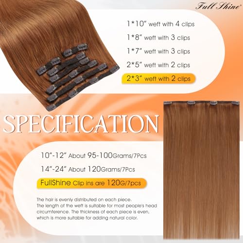 Full Shine Clip in Hair Extensions Copper Human Hair Real Hair Extensions Clip in Human Hair 22 Inch Copper Red Hair Extensions Straight Remy Hair 7Pcs Seamless Clip ins - Image 2
