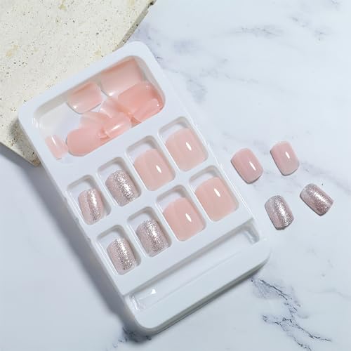 Glitter Press on Nails Short Square Fake Nails Glossy Nude Pink Glue on Nails Sliver Glitter Coffin False Nails Light Pink Artificial Nails for Women Girls Acrylic Nails Decorations 24Pcs - Image 3