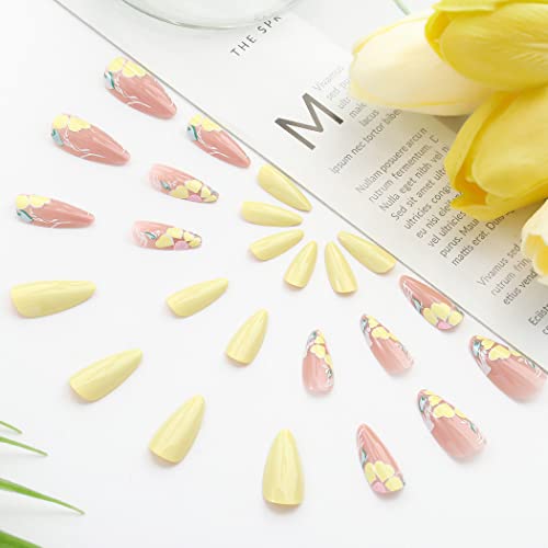 Glossy Almond Press on Nails Yellow Long Fake Nails Designed Cute Flower Ballerina Full Cover Artificial False Nails Tips for Women and Girls 24Pcs (Style A) - Image 2