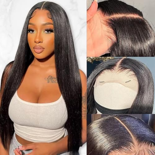 Glueless Straight T Part Lace Front Wigs Human Hair Pre Plucked Pre Cut 13X6 T Part HD Lace Frontal Wig for Black Women 160% Density Glueless Wigs (26 Inch, Natural Black)