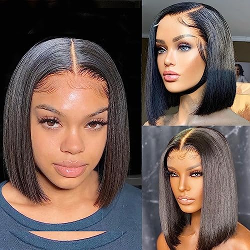 Hair 10 inch Short Bob Wig Human Hair Glueless Wigs for Black Women 5x5 Closure Bob Wig Human Hair Pre Plucked Bone Straight Bob Lace Closure Wigs 150% Density Natural Color