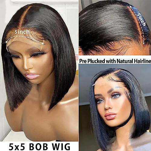 Hair 10 inch Short Bob Wig Human Hair Glueless Wigs for Black Women 5x5 Closure Bob Wig Human Hair Pre Plucked Bone Straight Bob Lace Closure Wigs 150% Density Natural Color - Image 2