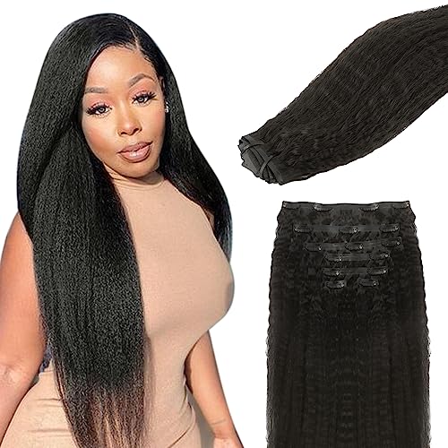 Hair Extensions Clip in Hair Extensions 100% Real Human Hair 110g Kinky Straight Seamless Clip in Hair Extensions Natural Black 14 Inch Human Hair with Invisi Edge for Black Women