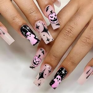 Halloween Long Coffin Pink French Press On Nails with Black Bat Pumpkin Design 24 Pcs