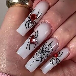 Halloween Press on Nails Long Coffin Fake Nails White Full Cover Black Spider Web False Nails with Designs Red Rhinestone Spider Glossy Stick on Nails Artificial Acrylic Nails for Women Girls 24 Pcs