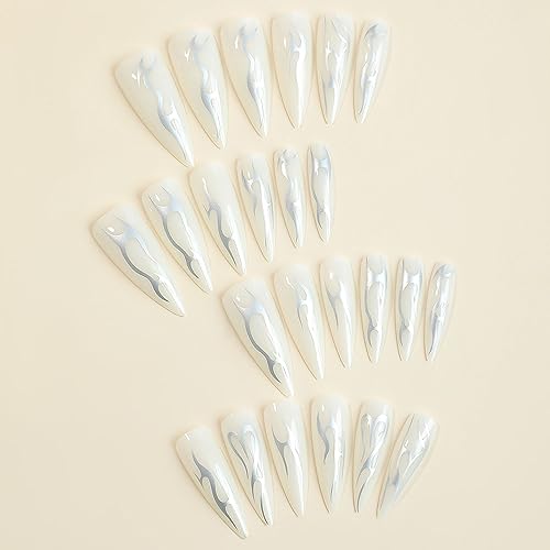 Halloween Press on Nails Long Stiletto SWEKKE Fake Nails White Full Cover Sliver Swirl False Nails with Designs Glossy Glue on Nails Y2K Press on Nails Manicure Artificial Nails for Women Girls 24Pcs - Image 4