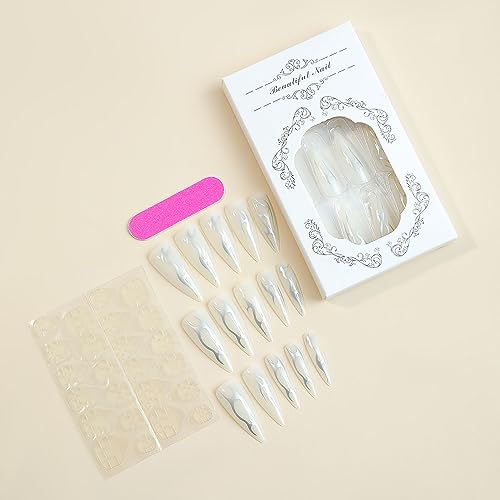 Halloween Press on Nails Long Stiletto SWEKKE Fake Nails White Full Cover Sliver Swirl False Nails with Designs Glossy Glue on Nails Y2K Press on Nails Manicure Artificial Nails for Women Girls 24Pcs - Image 5