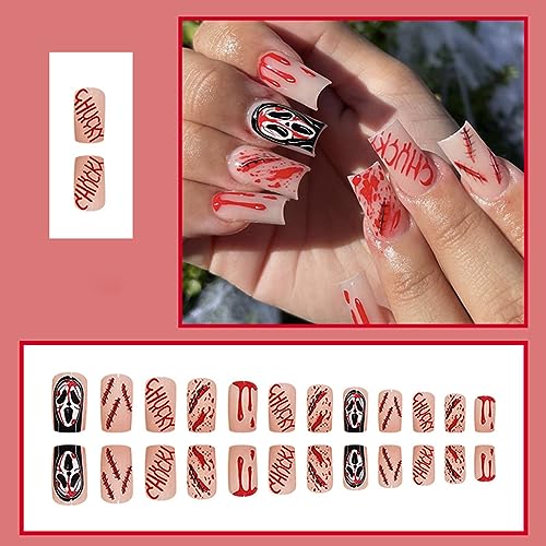 Halloween Press on Nails Square Medium Fake Nails, 24Pcs Black Ghost Bloody Wound Horror False Nails with Design Full Cover Square Shaped Almond Acrylic Glue on Nails for Women Halloween Nail Art - Image 2