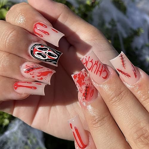 Halloween Press on Nails Square Medium Fake Nails, 24Pcs Black Ghost Bloody Wound Horror False Nails with Design Full Cover Square Shaped Almond Acrylic Glue on Nails for Women Halloween Nail Art