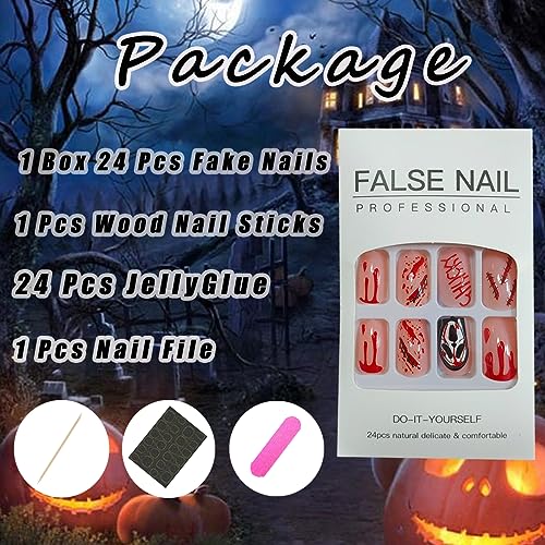 Halloween Press on Nails Square Medium Fake Nails, 24Pcs Black Ghost Bloody Wound Horror False Nails with Design Full Cover Square Shaped Almond Acrylic Glue on Nails for Women Halloween Nail Art - Image 7