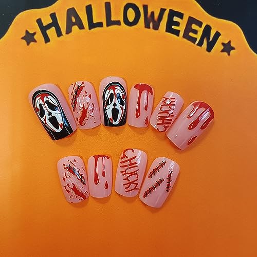 Halloween Press on Nails Square Medium Fake Nails, 24Pcs Black Ghost Bloody Wound Horror False Nails with Design Full Cover Square Shaped Almond Acrylic Glue on Nails for Women Halloween Nail Art - Image 3