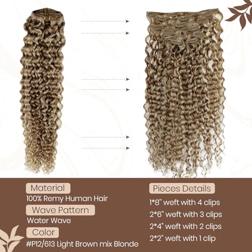 Hetto Curly Clip in Hair Extensions Human Hair #P12/613 Blonde Highlighted Clip in Extensions Human Hair Water Wavy Hair Extensions Clip in Human Hair 16 Inch 7Pcs 105g - Image 2