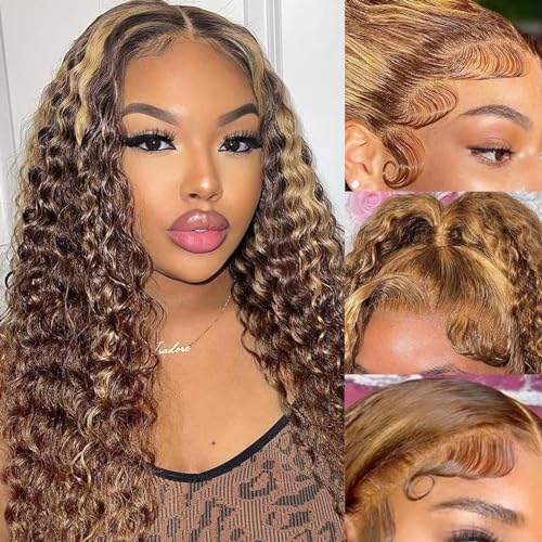 Highlight Lace Front Wig 13x6 Water Wave Lace Front Wigs Human Hair Pre Plucked 180% Density Honey Blonde HD Lace Front Wig For Women Wet And Wavy 4/27 Ombre Curly Lace Frontal Wig 26 Inch