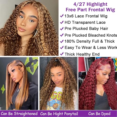Highlight Lace Front Wig 13x6 Water Wave Lace Front Wigs Human Hair Pre Plucked 180% Density Honey Blonde HD Lace Front Wig For Women Wet And Wavy 4/27 Ombre Curly Lace Frontal Wig 26 Inch - Image 5