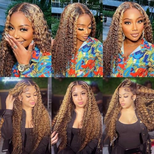 Highlight Lace Front Wig 13x6 Water Wave Lace Front Wigs Human Hair Pre Plucked 180% Density Honey Blonde HD Lace Front Wig For Women Wet And Wavy 4/27 Ombre Curly Lace Frontal Wig 26 Inch - Image 3