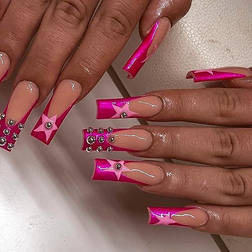 Hot Pink French Tip Press on Nails Long Fake Nails Coffin Purple Purplish Star Nails Press on False Nails Full Cover Nail Tips Square Acrylic Nails with Silver Half Pearls for Crafts Designs for Women