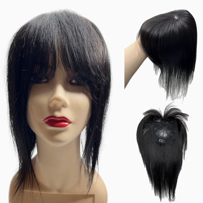 Human Hair Topper For Women 14x14 cm Clip In Hairpieces With Doll Bangs Hair O Part Invisible Scalp Straight Wiglets for Mild Hair Loss (14 inch, Black)