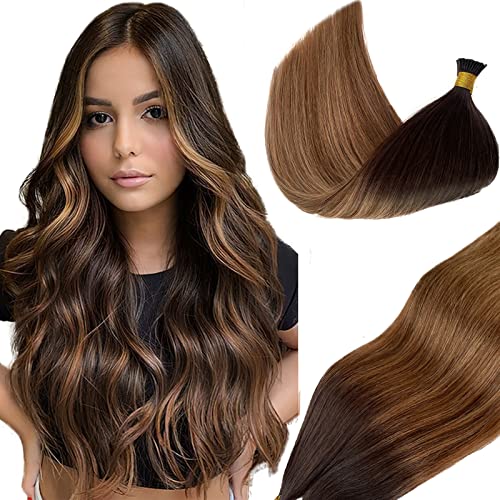 22 Inch 50g Ombre Dark Brown Balayage Golden Brown Straight I Tip Human Hair Extensions for Women