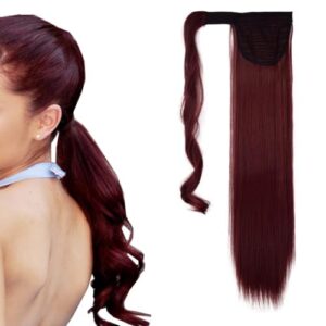 iLUU Long Straight Ponytail Extension Wrap Around Clip in Hair Extension 24 Inch Synthetic Magic Paste Heat Resistant Ponytail 100g Dark Red Hair Pieces Extensions for Women #BUG