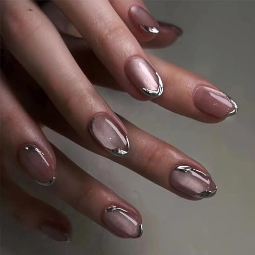 IMSOHOT Cat Eye Press on Nails Oval Short Fake Nails Silver French Tips Acrylic False Nails Gel Full Cover Glue on Nails Glossy Round Nails for Women 24Pcs Stick on Nails
