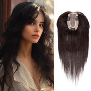 JIAJIA Teresa 8 Inch Human Hair Topper with Bangs for Women,7 * 12CM Mono Base with Bangs Clip in Hair Pieces for Women with Thinning Hair/Hair Loss/Short Hair Add Hair Volume