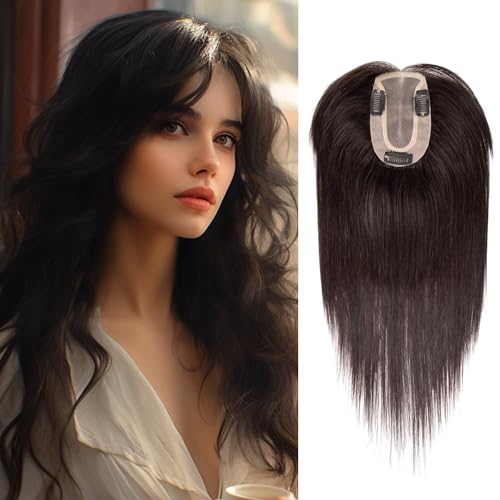 JIAJIA Teresa 8 Inch Human Hair Topper with Bangs for Women,7 * 12CM Mono Base with Bangs Clip in Hair Pieces for Women with Thinning Hair/Hair Loss/Short Hair Add Hair Volume