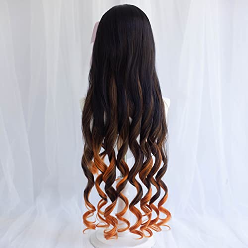 Kamado Nezuko Cosplay Wig Anime Long Curly Black Gradient Orange Women Hair Halloween party Costumes wig + free wig cap - Image 5