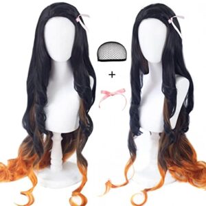 Kamado Nezuko Cosplay Wig Anime Long Curly Black Gradient Orange Women Hair Halloween party Costumes wig + free wig cap