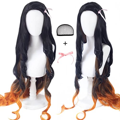 Kamado Nezuko Cosplay Wig Anime Long Curly Black Gradient Orange Women Hair Halloween party Costumes wig + free wig cap