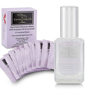 Karma Organic Nail Polish Remover Wipes & Base Top Coat Bundle – Lavender Nail Polish Remover Wipes (Pack of 10) Two in One Base Top Coat (0.43FL-Oz)