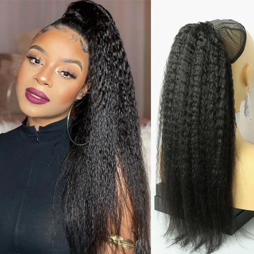 Kinky Straight Drawstring Ponytail Hair Extensions Double Drawn Yaki Drawstring Ponytails for Black Women Natural Color 16 Inch 200g