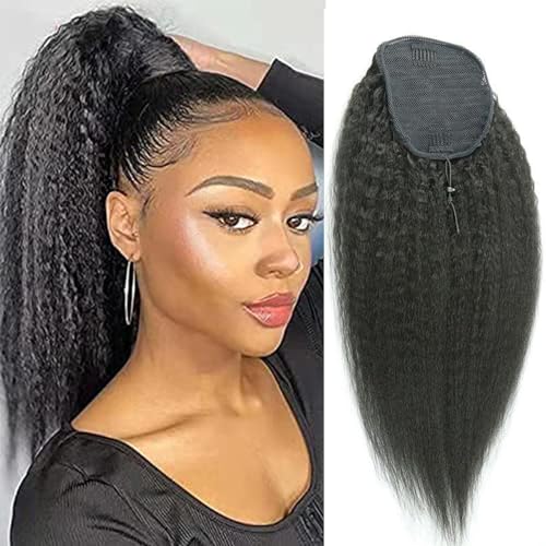 Kinky Straight Drawstring Ponytail Hair Extensions Double Drawn Yaki Drawstring Ponytails for Black Women Natural Color 16 Inch 200g - Image 5