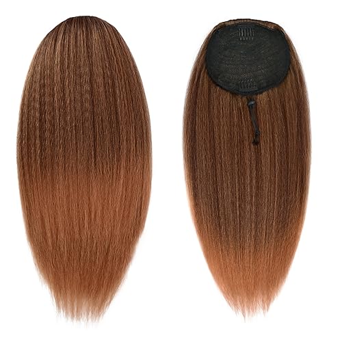 Kinky Straight Long Wig Ponytail 20inch Yaki Straight Fake Hair Ponytail Extensions for Women Black Mix Brown Drawstring Up Down Ponytail Clip in (T1B/30) - Image 2