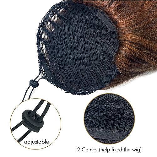 Kinky Straight Long Wig Ponytail 20inch Yaki Straight Fake Hair Ponytail Extensions for Women Black Mix Brown Drawstring Up Down Ponytail Clip in (T1B/30) - Image 3
