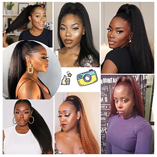 Kinky Straight Long Wig Ponytail 20inch Yaki Straight Fake Hair Ponytail Extensions for Women Black Mix Brown Drawstring Up Down Ponytail Clip in (T1B/30) - Image 5