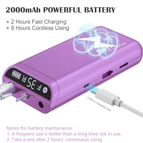 Kredioo Nail Drill, Nail Drills for Professional Acrylic Nails 35000RPM Rechargeable Portable Electric File Drill Machine with 10 Bits Set Quickly Remove Gel Polish Salon Quality Manicure-Purple - Image 4