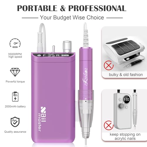 Kredioo Nail Drill, Nail Drills for Professional Acrylic Nails 35000RPM Rechargeable Portable Electric File Drill Machine with 10 Bits Set Quickly Remove Gel Polish Salon Quality Manicure-Purple - Image 2