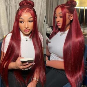 Lace Front Wigs 99j Human Hair Wig 13x4 Lace Frontal Wig for Black Women 150% Density 24in Straight Red Color Hair Wig Pre Plucked Bleached Knots Colored Wine Red Wig Glueless With Baby Hair