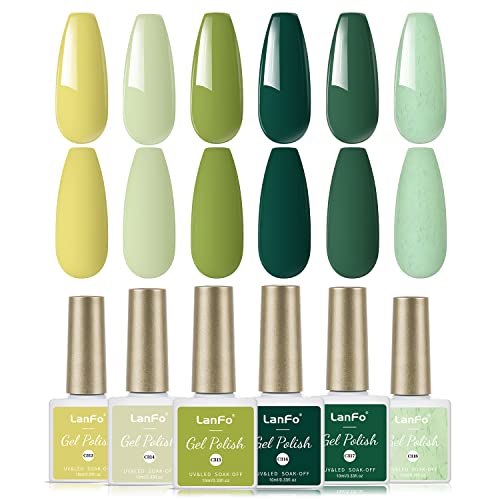 LanFo Green Gel Nail Polish Set, 6 Colors Gel Nail Polish Green Collection Gel Nail Polish for Spring Summer DIY Nail Art Manicure at Home