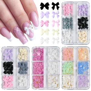 LoveOurHome 4 Boxes 3D Bow Flower Nail Charms Colorful Bowknot Nail Studs Charms Acrylic Nail Supplies with Gold Silver Pearl Beads Manicure Decorations for Gel Acrylics Nails Design, Crafts