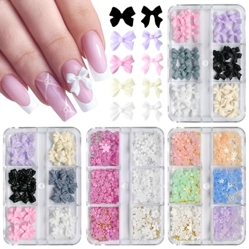 LoveOurHome 4 Boxes 3D Bow Flower Nail Charms Colorful Bowknot Nail Studs Charms Acrylic Nail Supplies with Gold Silver Pearl Beads Manicure Decorations for Gel Acrylics Nails Design, Crafts