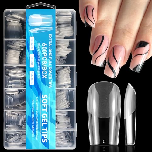 LoveOurHome 600pc Clear Square Gel Nail Tips for Acrylic & Gel X Extensions, Size Medium