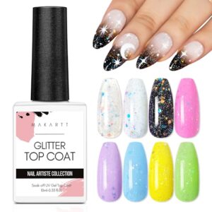 Makartt 10ML Glitter Top Coat Gel Nail Polish, No Wipe Clear Long Lasting High Shine Glossy Chip-Free Soak Off By Acetone UV/LED Gel Top Coat for Acrylic, Natural Nails, for Nail Art French Manicure