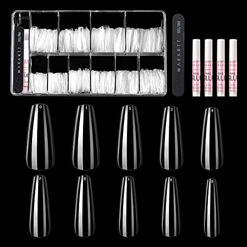 Makartt Ballerina Nails Set 500pcs Clear False Nail Tips with 4 PCS Nail Glue for Acrylic Nail Press on Nails Set Full Cover Coffin Nails Soak Off Nail Tips with 1pc Nail File Nails Art for Women