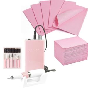 Makartt Rechargeable Nail Drill 30000RPM Portable Electric E File Malory Acrylic Nail Gel Polish Remover Bundle with isposable Nail Mats, 50Pcs Pink Fordable Nail Paper Towels for Table
