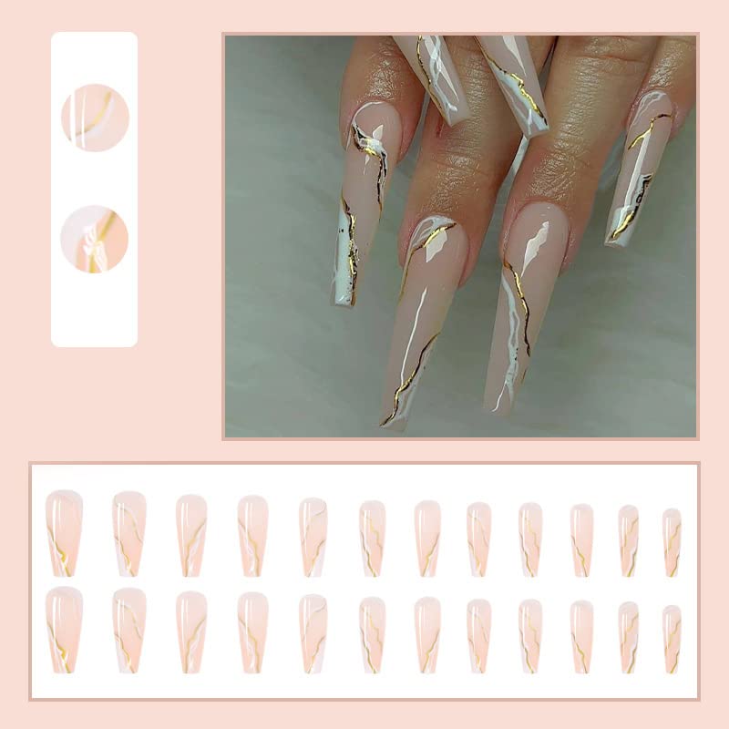Elegant 24-Piece Marble Coffin Acrylic Nail Set for Chic Nail Art Designs - Image 2